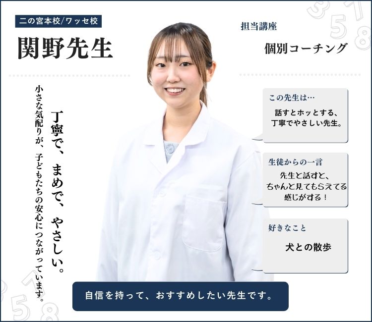 alt="関野先生｜英心うえの塾 二の宮本校・ワッセ校 個別コーチング担当｜まめで丁寧、話すとホッとするやさしさが魅力｜子どもたちの安心を支える存在"