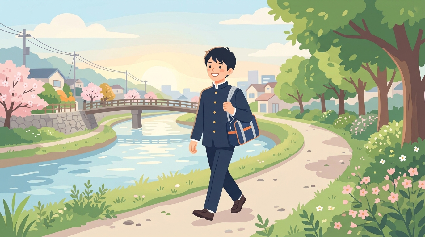 朝の光を浴びながら川沿いを散歩し、すっきりした表情の高校生のイラスト