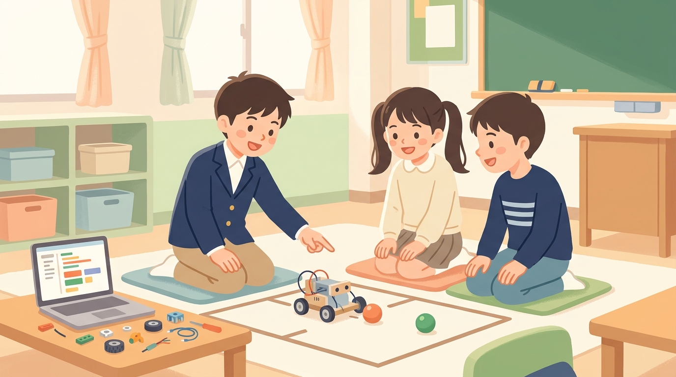 チームでロボットの動きを観察しながら、作戦を話し合う子どもたちのイラスト