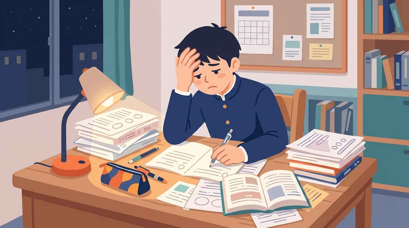 机の上に積み上がった模試の山を前に、疲れた表情で悩む高校生のイラスト